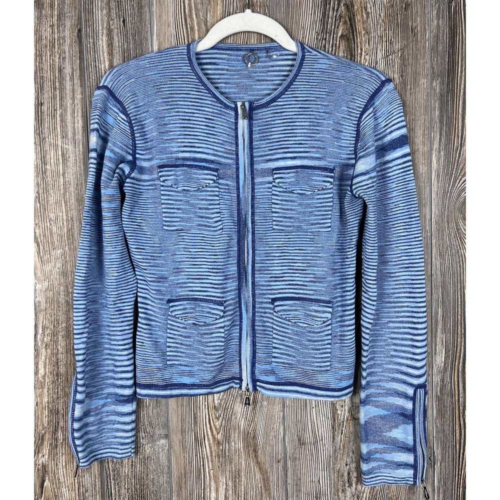 One Girl Who ANTHROPOLOGIE Blue Cardigan Zipper‎ Front Knit Sweater M Indie Chic